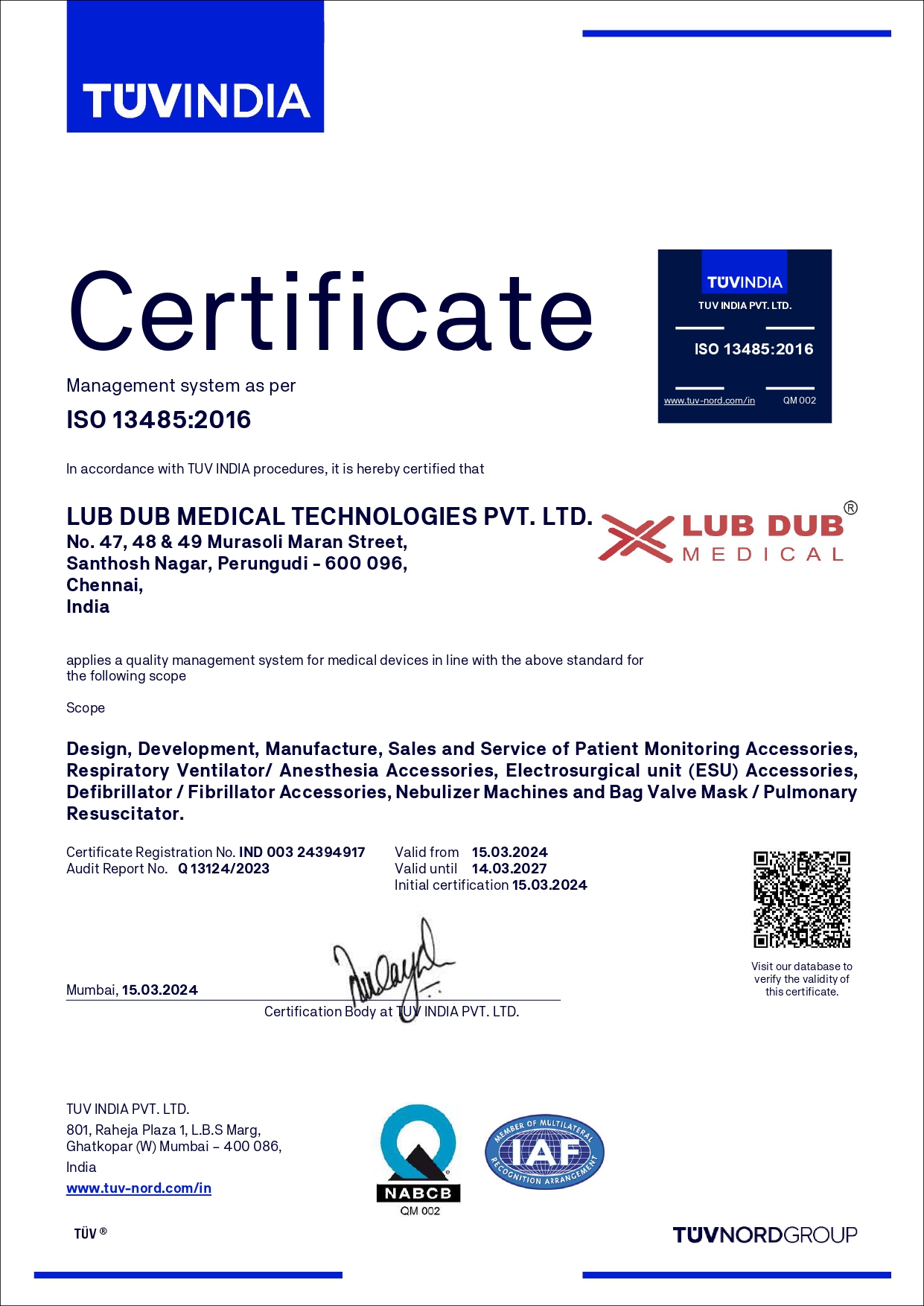 Lub Dub Medical Technologies - ISO 13485 for medical device quality management