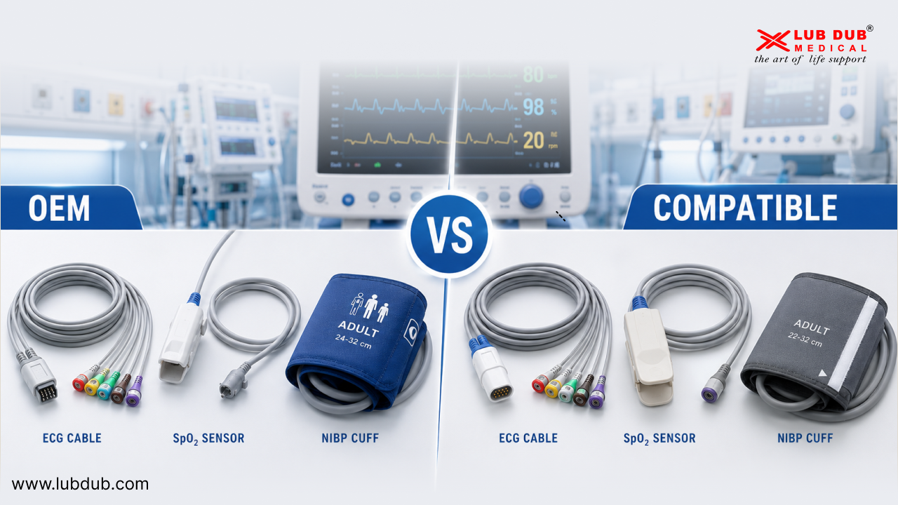 [medical accessories, compatible medical accessories, ECG cables, SpO2 sensors, NIBP cuffs, medical equipment accessories, patient monitor accessories, ECG cable supplier, SpO2 probe supplier, medical accessories manufacturer, Lub Dub Medical]